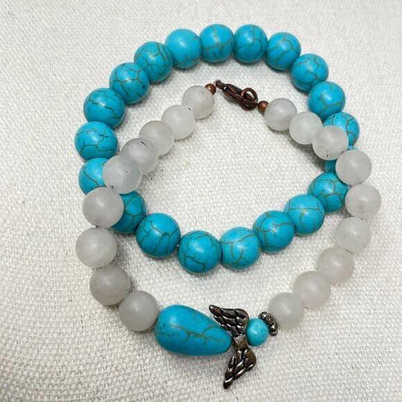 Guardian Angel Bracelet Set of 2 Faux Turquoise Blue Beads Coastal Cowgirl - Picture 3 of 4